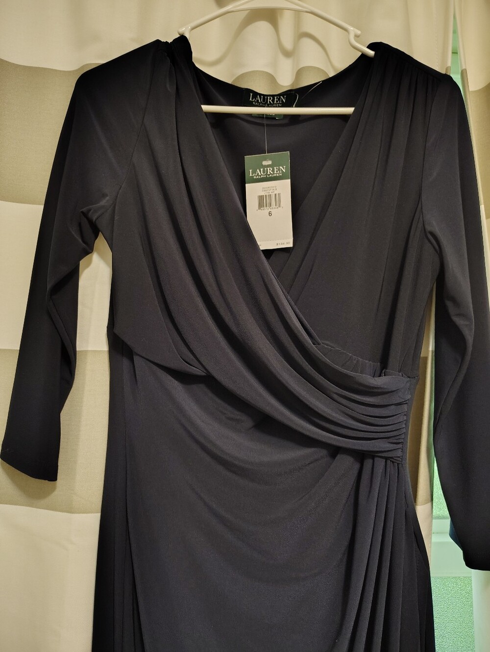 Stunning Ralph LaurenNavy Blue Draped Wrap Style 3/3 Sleeve Cocktail Midi Dress - Picture 10 of 11
